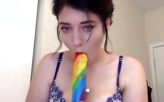 Perfect brown-haired sucks a penis shaped ice creamy substance in homemade porn
